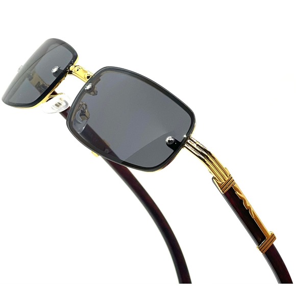 Rimless Sunglasses Rectangle Gold Accents Wood Arms Mens Fashion Dark Black Lens - Picture 1 of 7